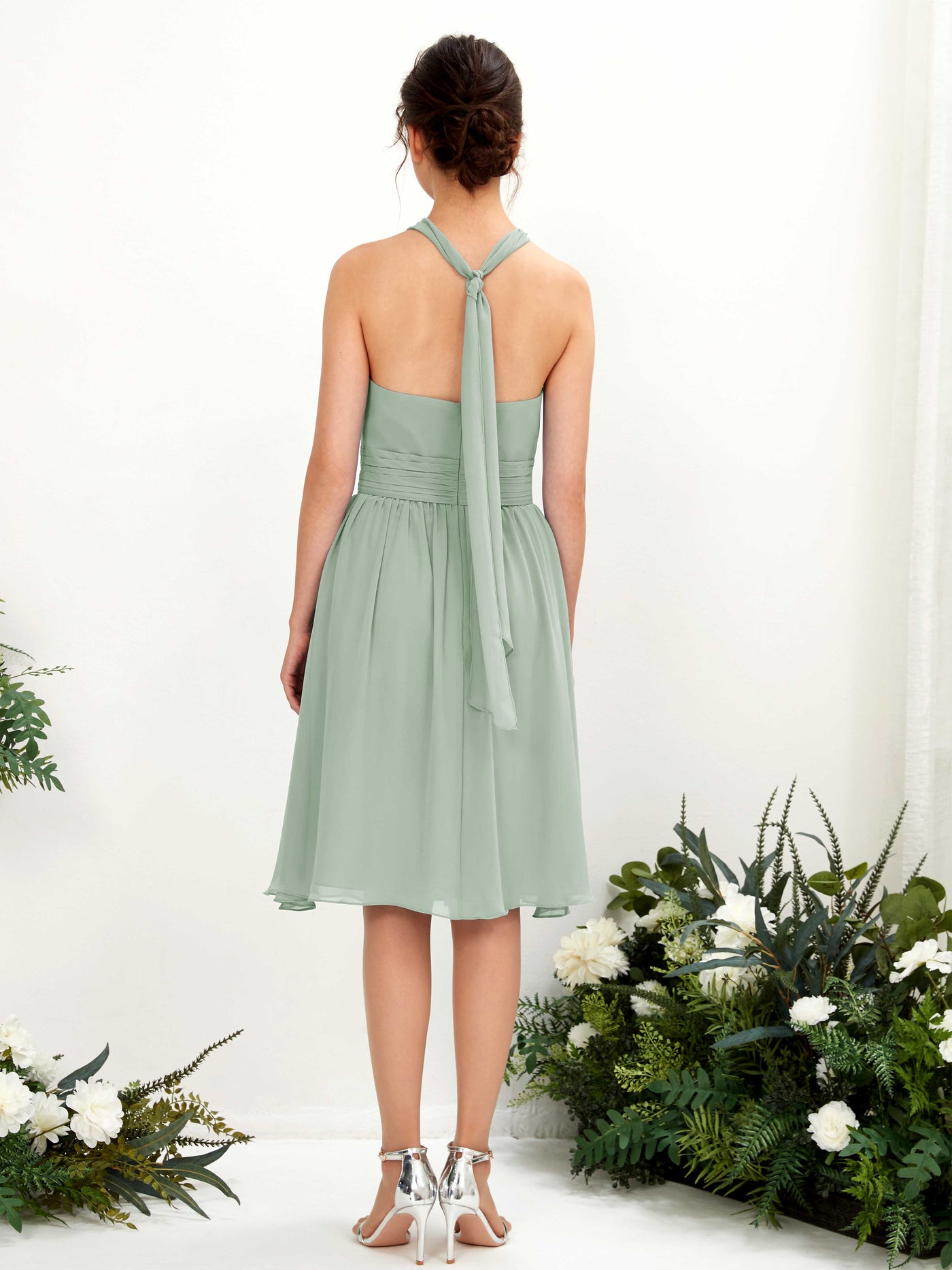 Sage Green Bridesmaid Dresses Bridesmaid Dress A-line Chiffon Halter Knee Length Sleeveless Wedding Party Dress (81222605)#color_sage-green
