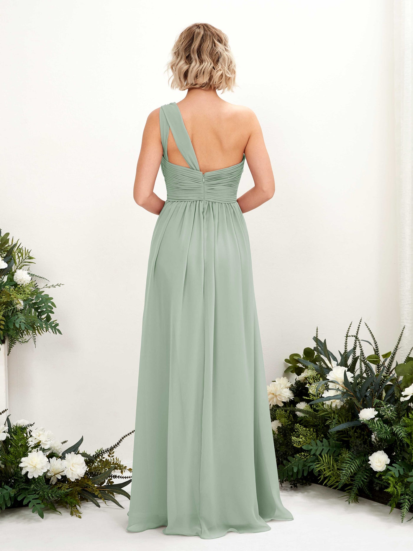 Sage Green Bridesmaid Dresses Bridesmaid Dress Ball Gown Chiffon One Shoulder Full Length Sleeveless Wedding Party Dress (81225005)#color_sage-green
