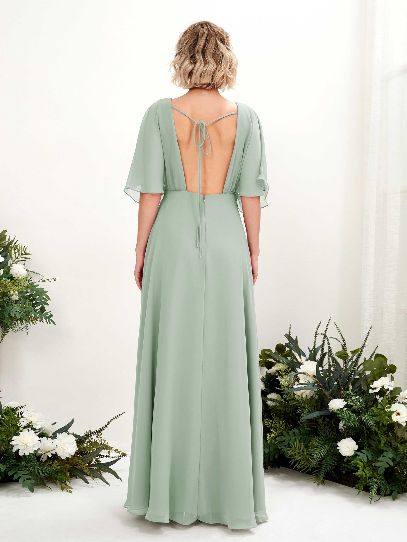 Sage Green Bridesmaid Dresses Bridesmaid Dress A-line Chiffon V-neck Full Length Short Sleeves Wedding Party Dress (81225105)#color_sage-green