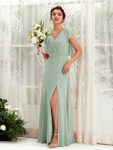 Sage Green Bridesmaid Dresses Bridesmaid Dress A-line Chiffon V-neck Full Length Short Sleeves Wedding Party Dress (81225605)#color_sage-green