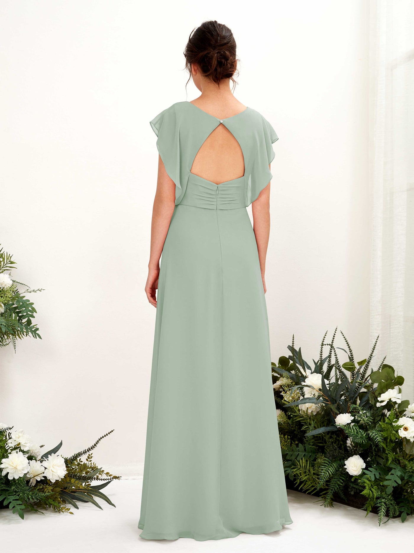 Sage Green Bridesmaid Dresses Bridesmaid Dress A-line Chiffon V-neck Full Length Short Sleeves Wedding Party Dress (81225605)#color_sage-green
