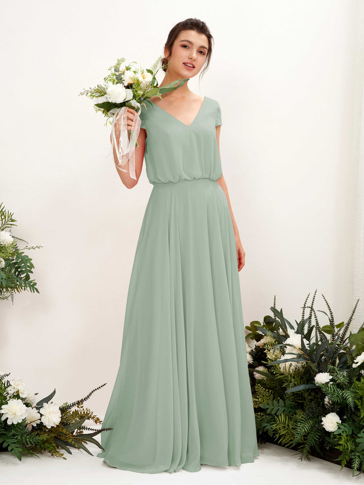 Sage Green Bridesmaid Dresses Bridesmaid Dress A-line Chiffon V-neck Full Length Short Sleeves Wedding Party Dress (81221805)