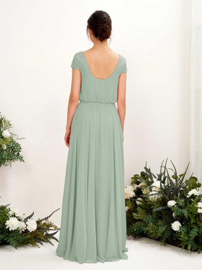 Carlyna Pauline A-Line Sage Green Bridesmaid Dress Maxi Cap Sleeve V-Neck Dress Back View #color_sage-green