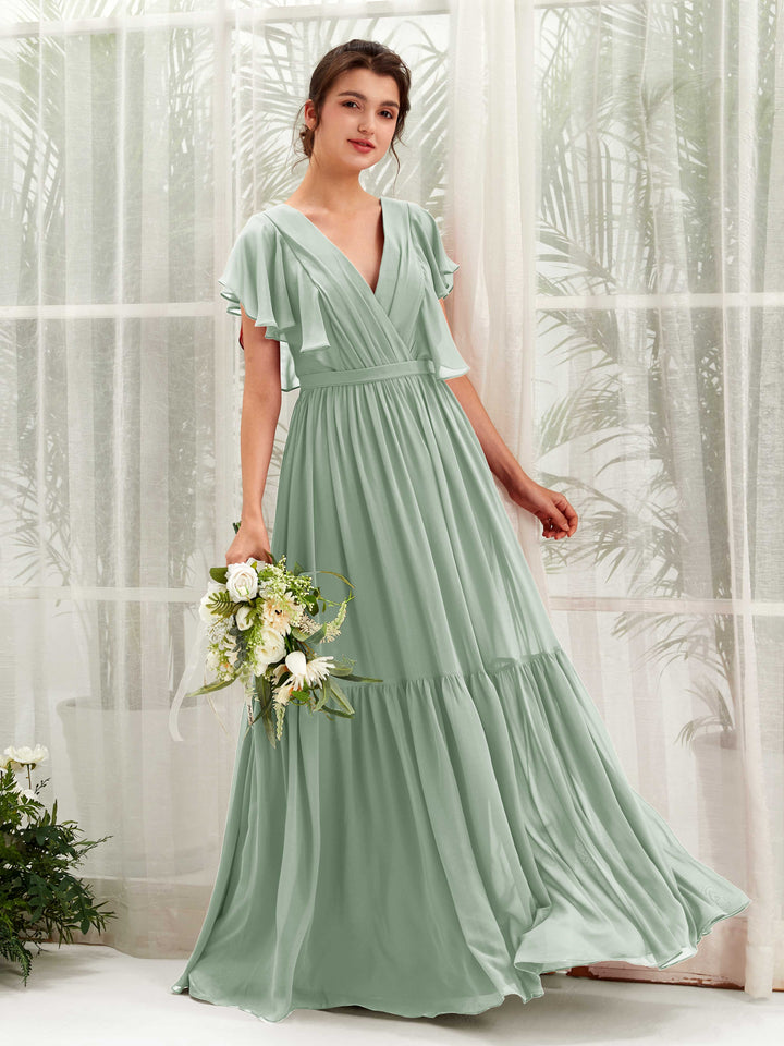 Sage Green Bridesmaid Dresses Bridesmaid Dress A-line Chiffon V-neck Full Length Short Sleeves Wedding Party Dress (81225905)