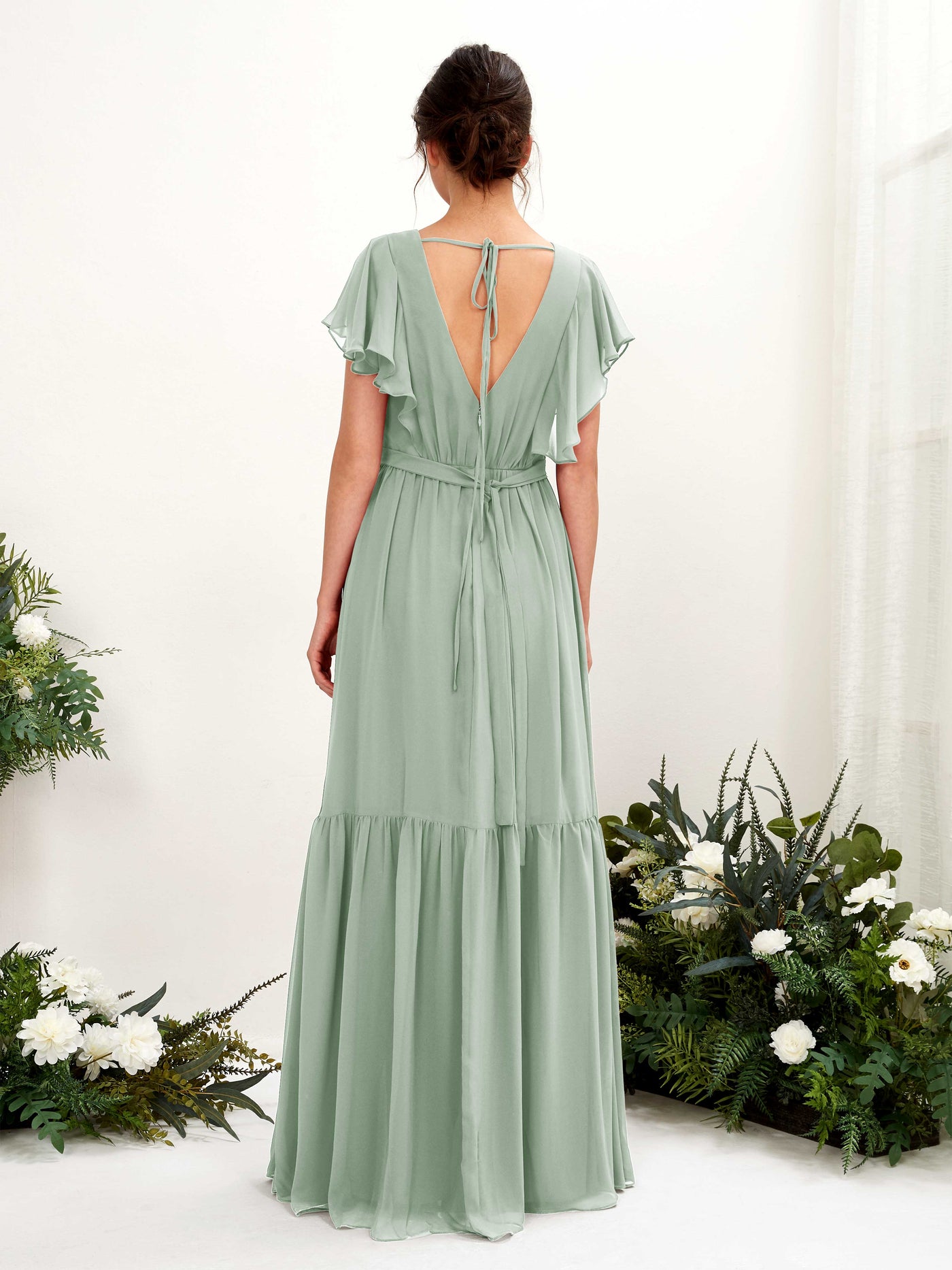 Sage Green Bridesmaid Dresses Bridesmaid Dress A-line Chiffon V-neck Full Length Short Sleeves Wedding Party Dress (81225905)#color_sage-green