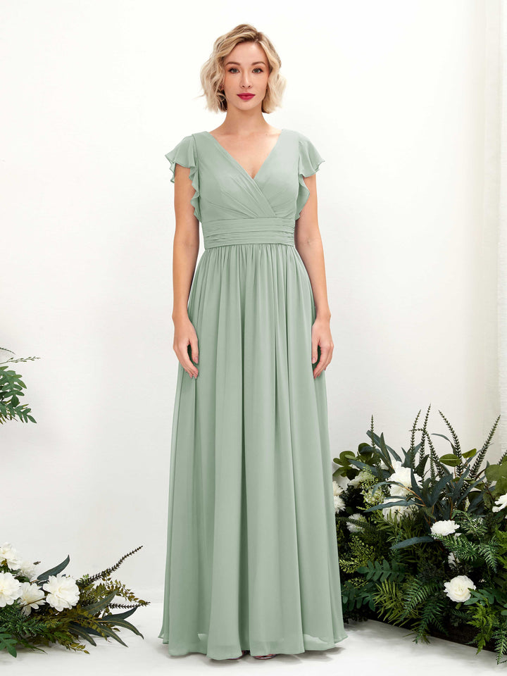 Sage Green Bridesmaid Dresses Bridesmaid Dress A-line Chiffon V-neck Full Length Short Sleeves Wedding Party Dress (81222705)