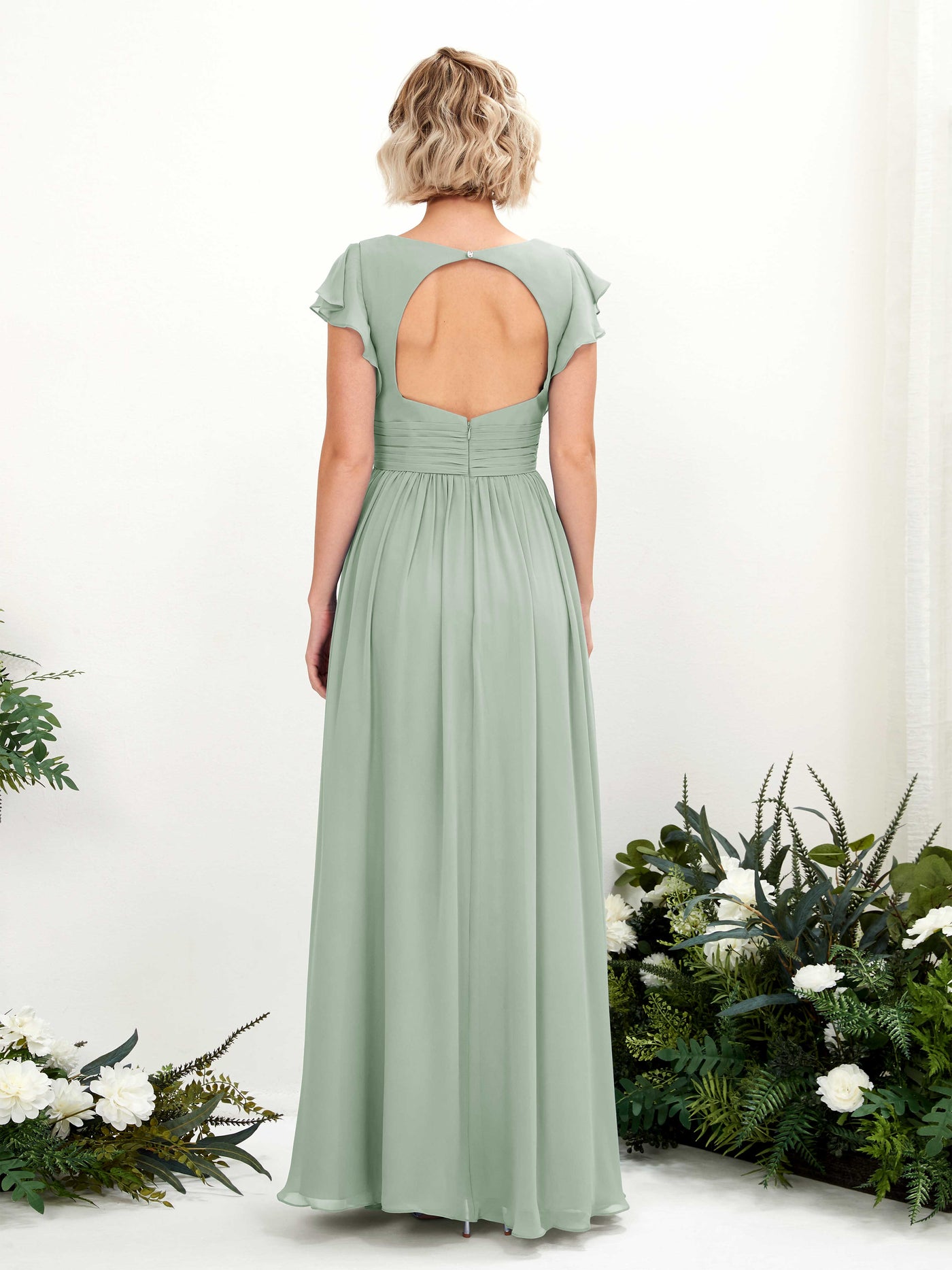 Sage Green Bridesmaid Dresses Bridesmaid Dress A-line Chiffon V-neck Full Length Short Sleeves Wedding Party Dress (81222705)#color_sage-green