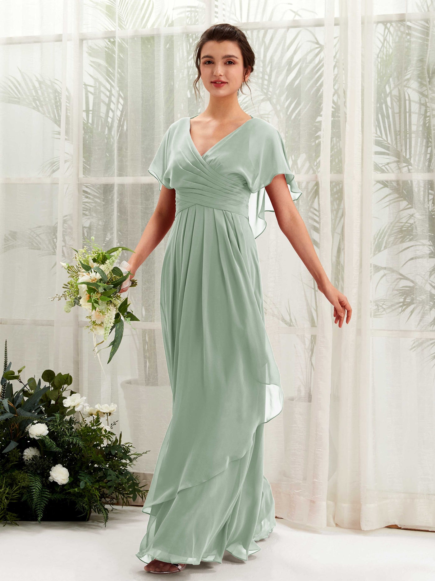 Sage Green Bridesmaid Dresses Bridesmaid Dress A-line Chiffon V-neck Full Length Short Sleeves Wedding Party Dress (81226105)#color_sage-green