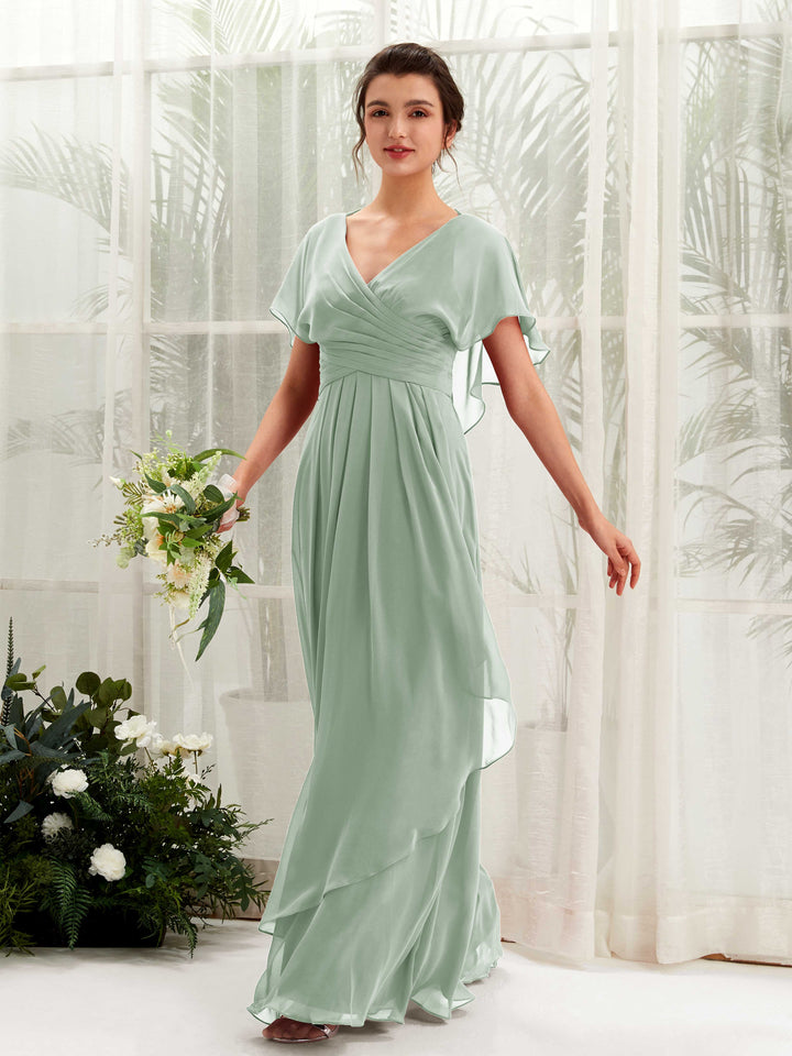 Sage Green Bridesmaid Dresses Bridesmaid Dress A-line Chiffon V-neck Full Length Short Sleeves Wedding Party Dress (81226105)
