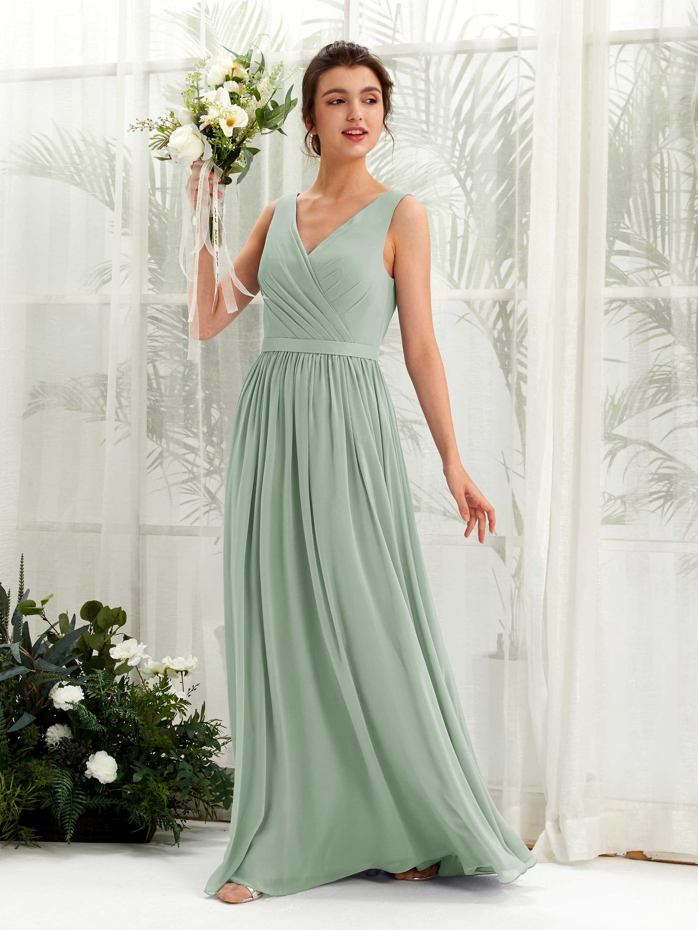 Sage Green Bridesmaid Dresses Bridesmaid Dress A-line Chiffon V-neck Full Length Sleeveless Wedding Party Dress (81223605)#color_sage-green