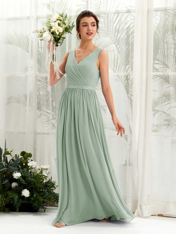 Sage Green Bridesmaid Dresses Bridesmaid Dress A-line Chiffon V-neck Full Length Sleeveless Wedding Party Dress (81223605)#color_sage-green