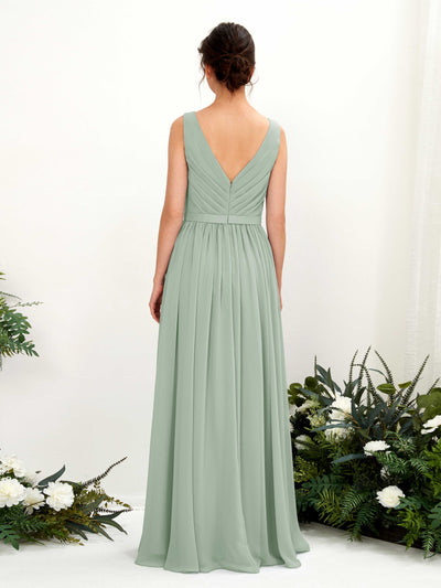 Carlyna Barbara A-Line Sage Green Bridesmaid Dress Maxi Sleeveless V-Neck Dress Back View #color_sage-green