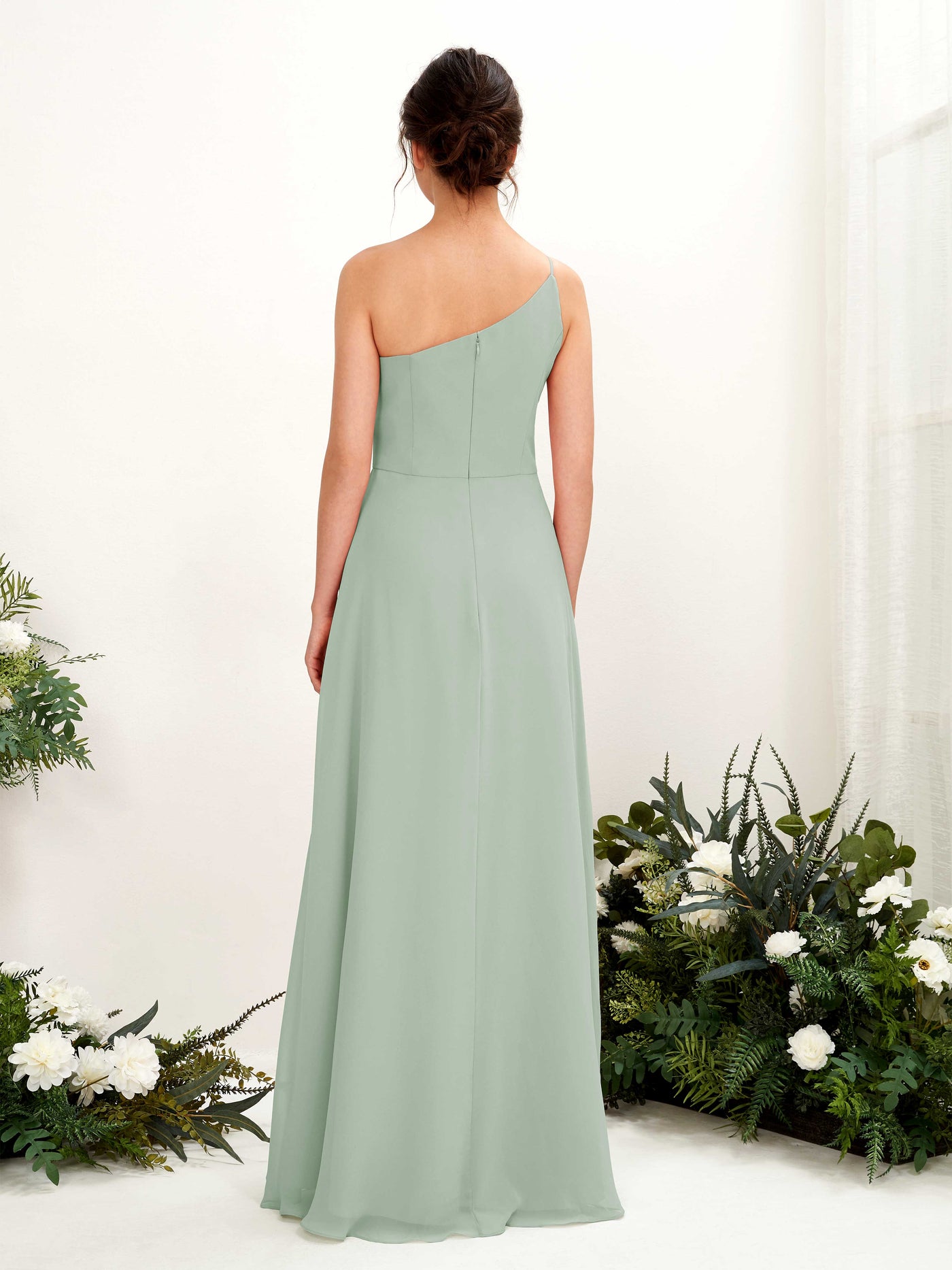 Sage Green Bridesmaid Dresses Bridesmaid Dress A-line Chiffon One Shoulder Full Length Sleeveless Wedding Party Dress (81225705)#color_sage-green