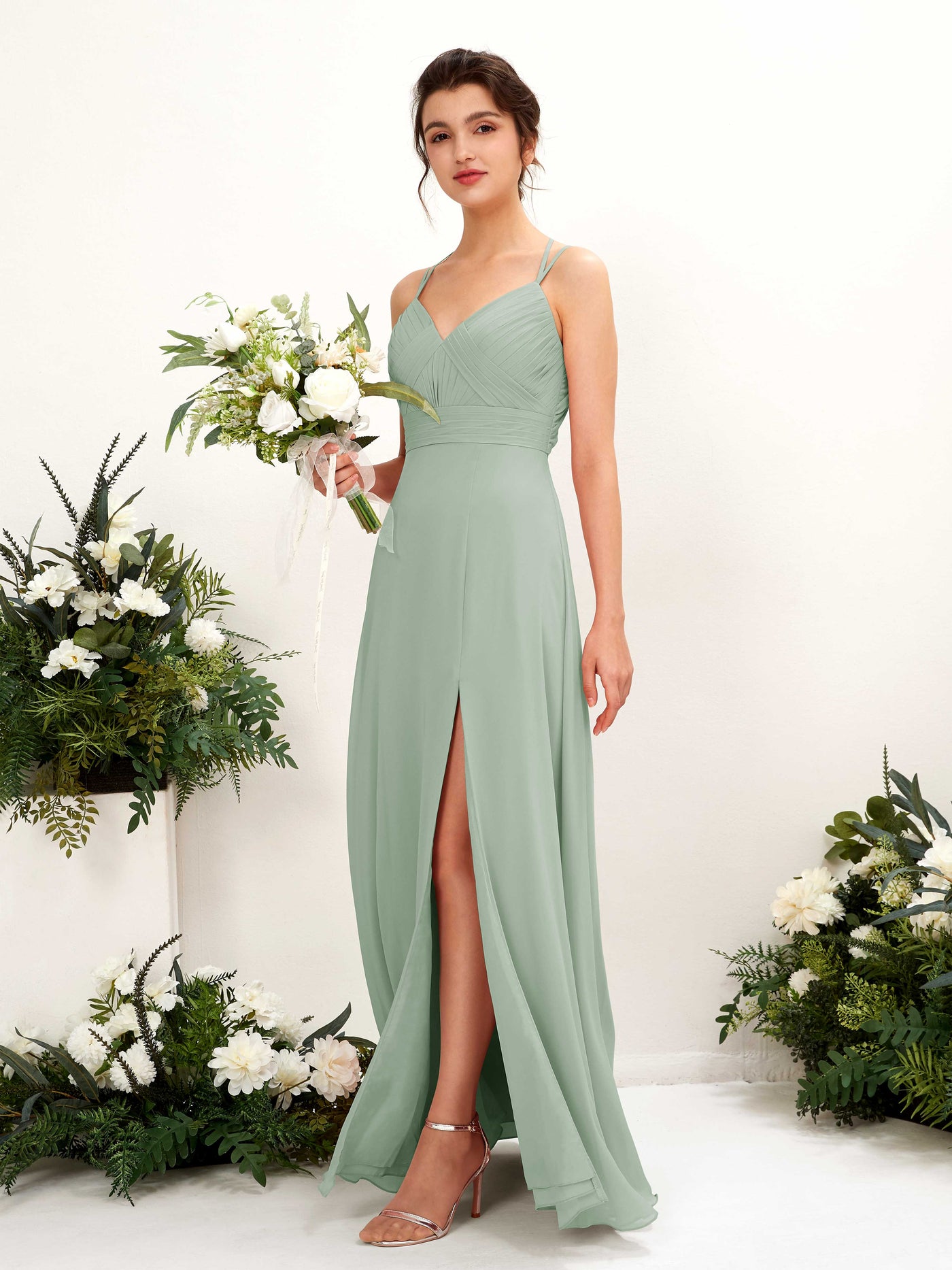 Sage Green Bridesmaid Dresses Bridesmaid Dress A-line Chiffon Spaghetti-straps Full Length Sleeveless Wedding Party Dress (81225405)#color_sage-green