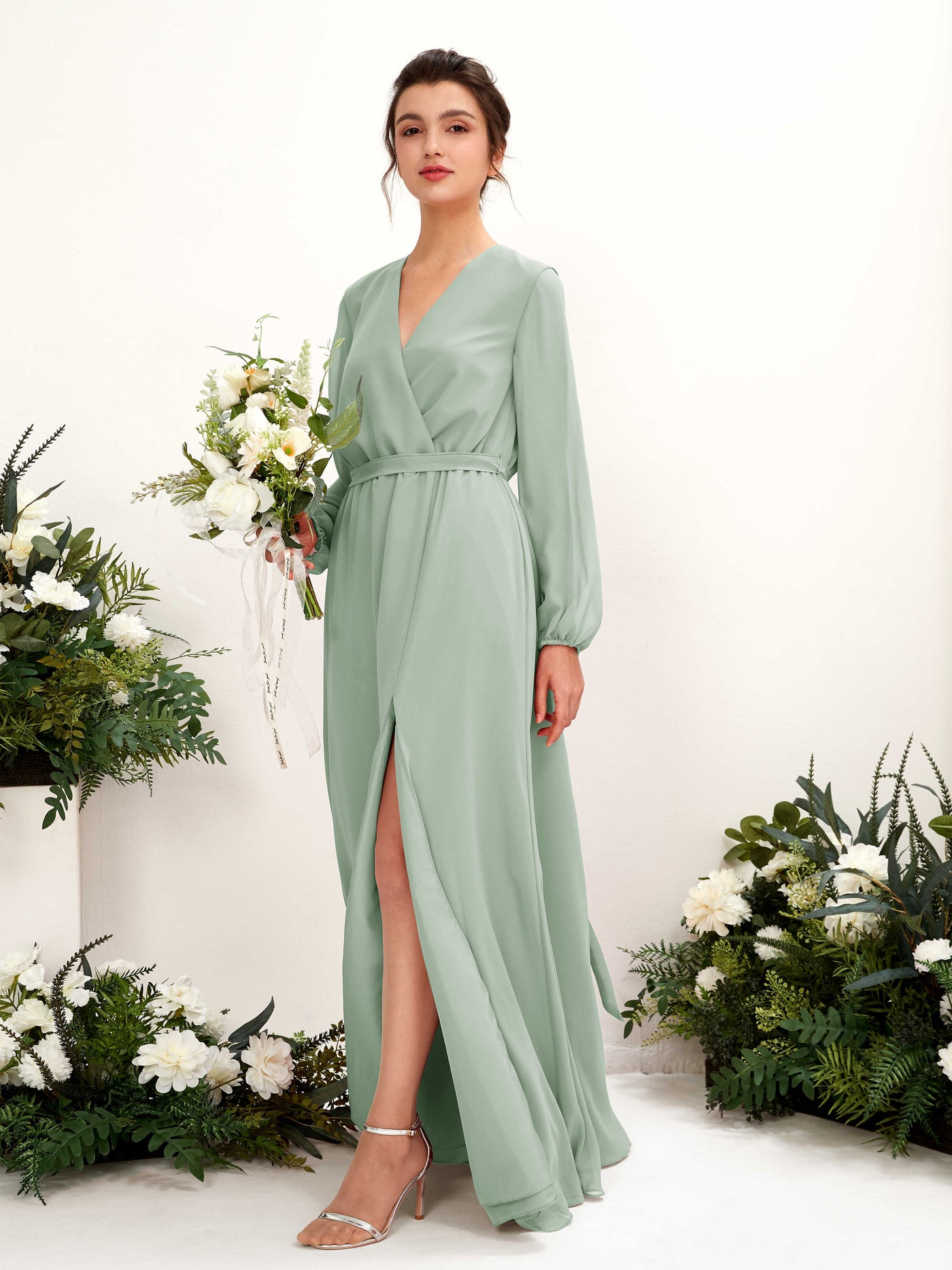 Sage Green Bridesmaid Dresses Bridesmaid Dress A-line Chiffon V-neck Full Length Long Sleeves Wedding Party Dress (81223205)#color_sage-green