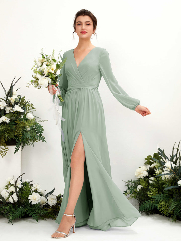 Sage Green Bridesmaid Dresses Bridesmaid Dress A-line Chiffon V-neck Full Length Long Sleeves Wedding Party Dress (81223805)