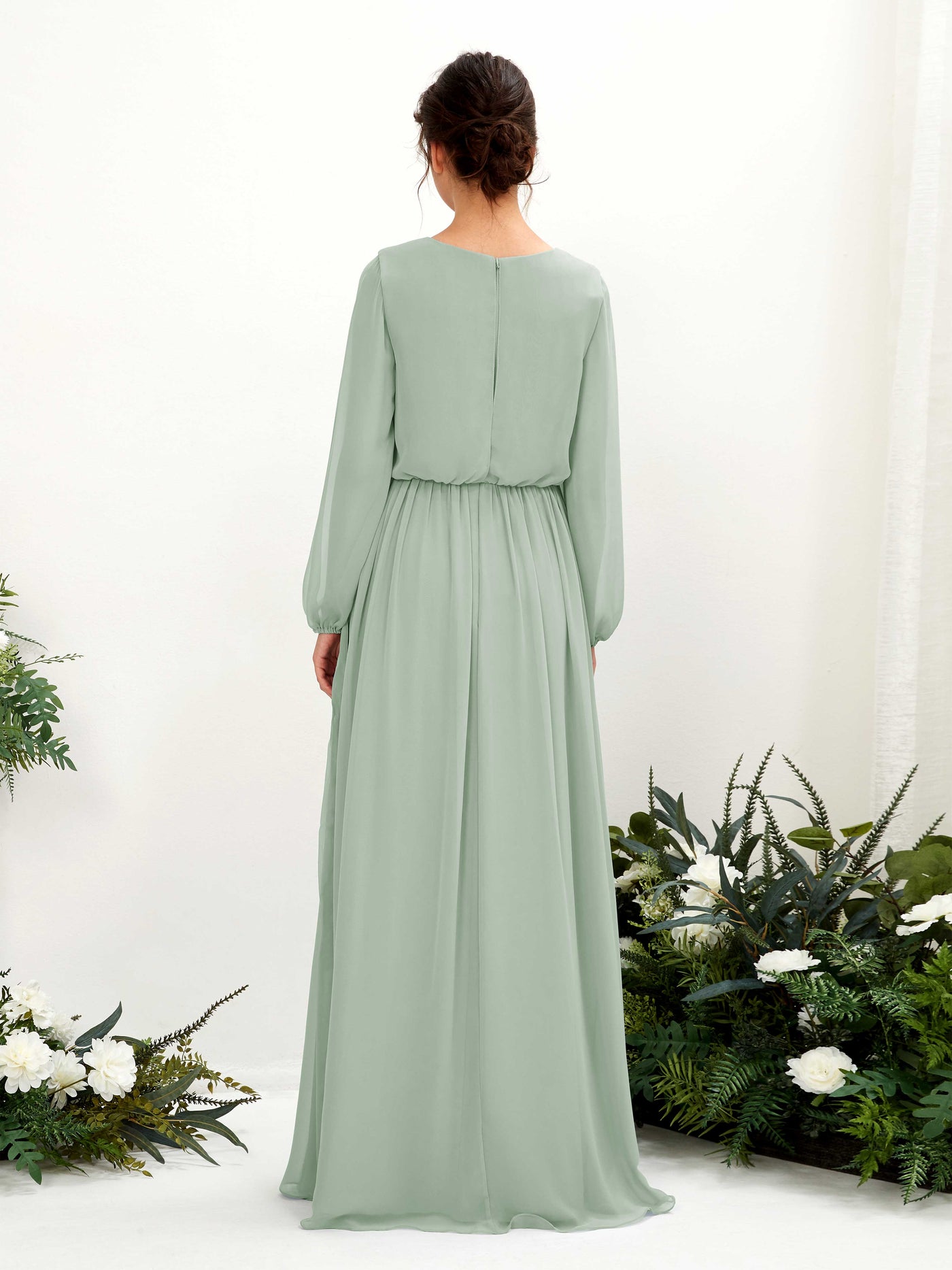 Sage Green Bridesmaid Dresses Bridesmaid Dress A-line Chiffon V-neck Full Length Long Sleeves Wedding Party Dress (81223805)#color_sage-green