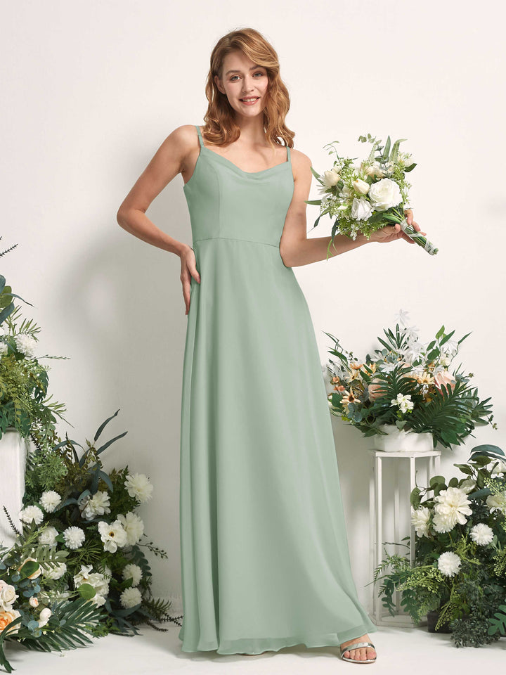 Bridesmaid Dress A-line Chiffon Spaghetti-straps Full Length Sleeveless Wedding Party Dress - Sage Green (81227205)
