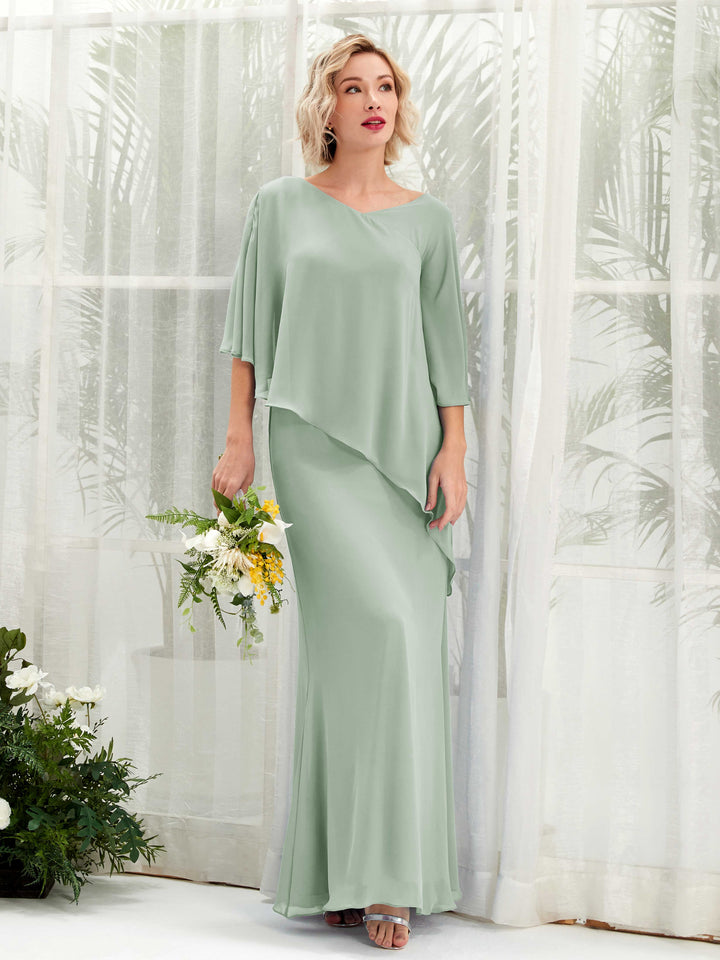 Sage Green Bridesmaid Dresses Bridesmaid Dress Bohemian Chiffon V-neck Full Length 3/4 Sleeves Wedding Party Dress (81222505)