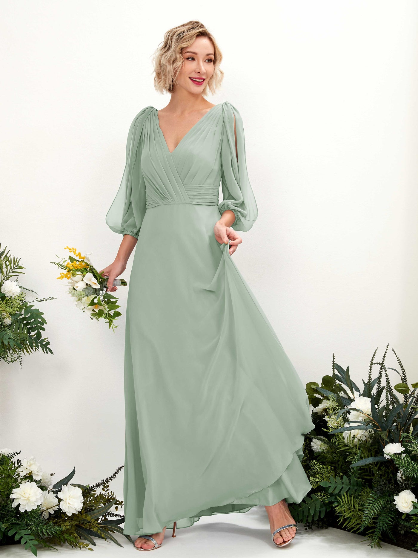 Sage Green Bridesmaid Dresses Bridesmaid Dress Chiffon V-neck Full Length Long Sleeves Wedding Party Dress (81223505)#color_sage-green