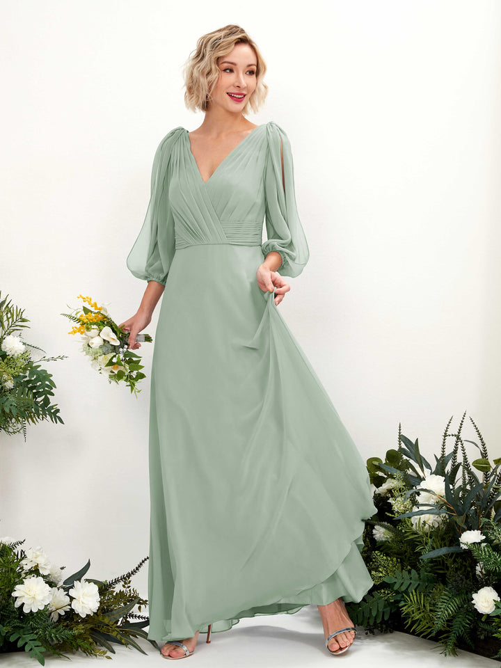 Sage Green Bridesmaid Dresses Bridesmaid Dress Chiffon V-neck Full Length Long Sleeves Wedding Party Dress (81223505)
