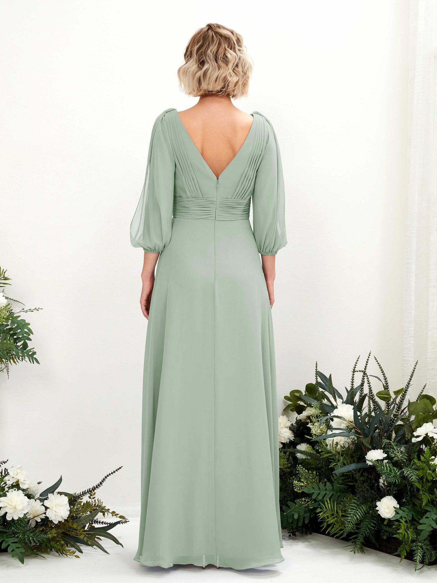Sage Green Chiffon Bridesmaid Dress A-Line Maxi V-Neck