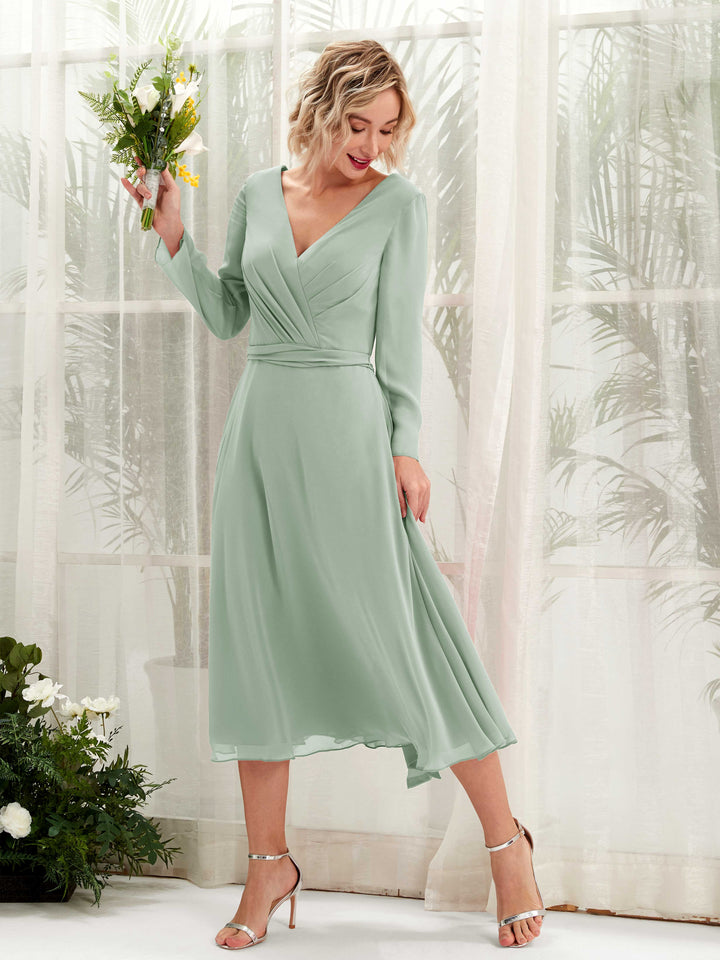 Sage Green Bridesmaid Dresses Bridesmaid Dress Chiffon V-neck Tea Length Long Sleeves Wedding Party Dress (81223305)