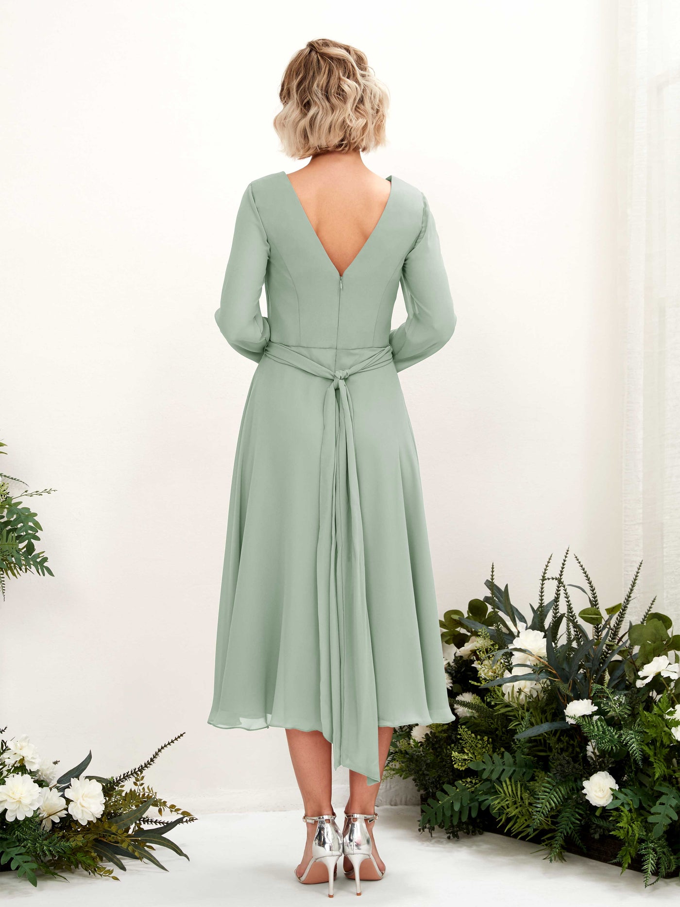 Sage Green Bridesmaid Dresses Bridesmaid Dress Chiffon V-neck Tea Length Long Sleeves Wedding Party Dress (81223305)#color_sage-green