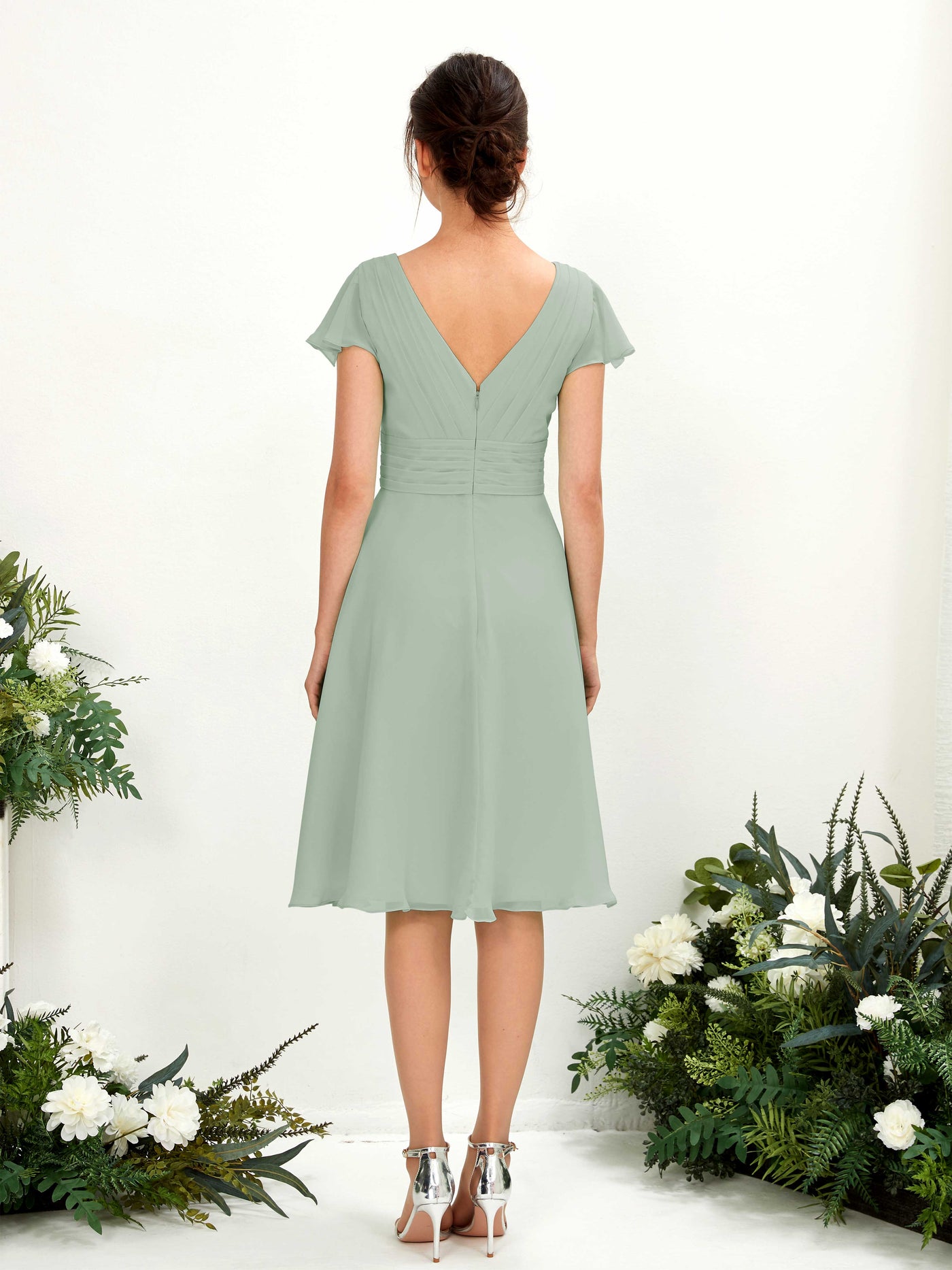 Sage Green Bridesmaid Dresses Bridesmaid Dress Chiffon V-neck Knee Length Short Sleeves Wedding Party Dress (81220205)#color_sage-green