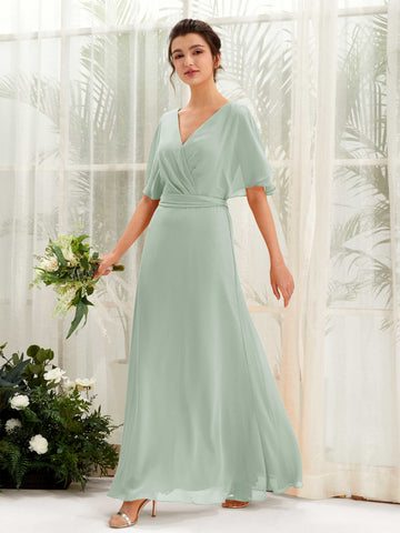 Sage Green Bridesmaid Dresses Bridesmaid Dress A-line Chiffon V-neck Full Length Short Sleeves Wedding Party Dress (81222405)#color_sage-green