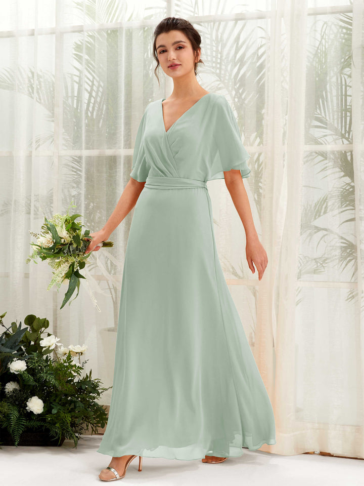 Sage Green Bridesmaid Dresses Bridesmaid Dress A-line Chiffon V-neck Full Length Short Sleeves Wedding Party Dress (81222405)