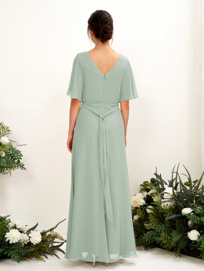 Carlyna Merta A-Line Sage Green Bridesmaid Dress Maxi Short Sleeve V-Neck Dress Back View #color_sage-green