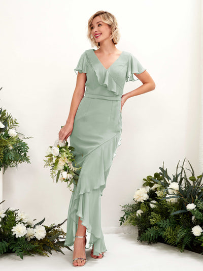 Carlyna Eartha Mermaid Sage Green Bridesmaid Dress Maxi Cap Sleeve V-Neck Dress Front View #color_sage-green