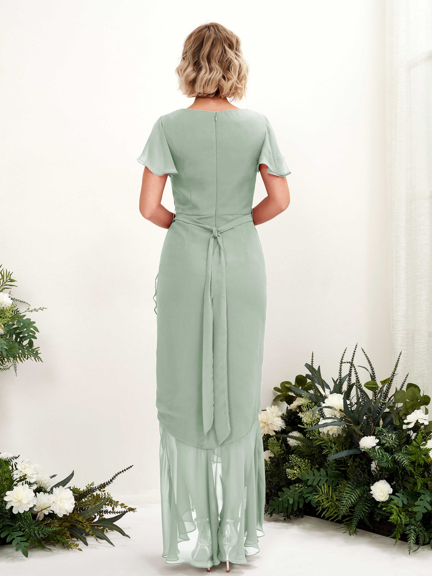 V-neck Short Sleeves Chiffon Bridesmaid Dress - Sage Green (81226205)#color_sage-green