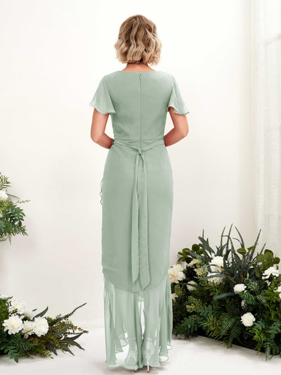 Carlyna Eartha Mermaid Sage Green Bridesmaid Dress Maxi Cap Sleeve V-Neck Dress Back View #color_sage-green