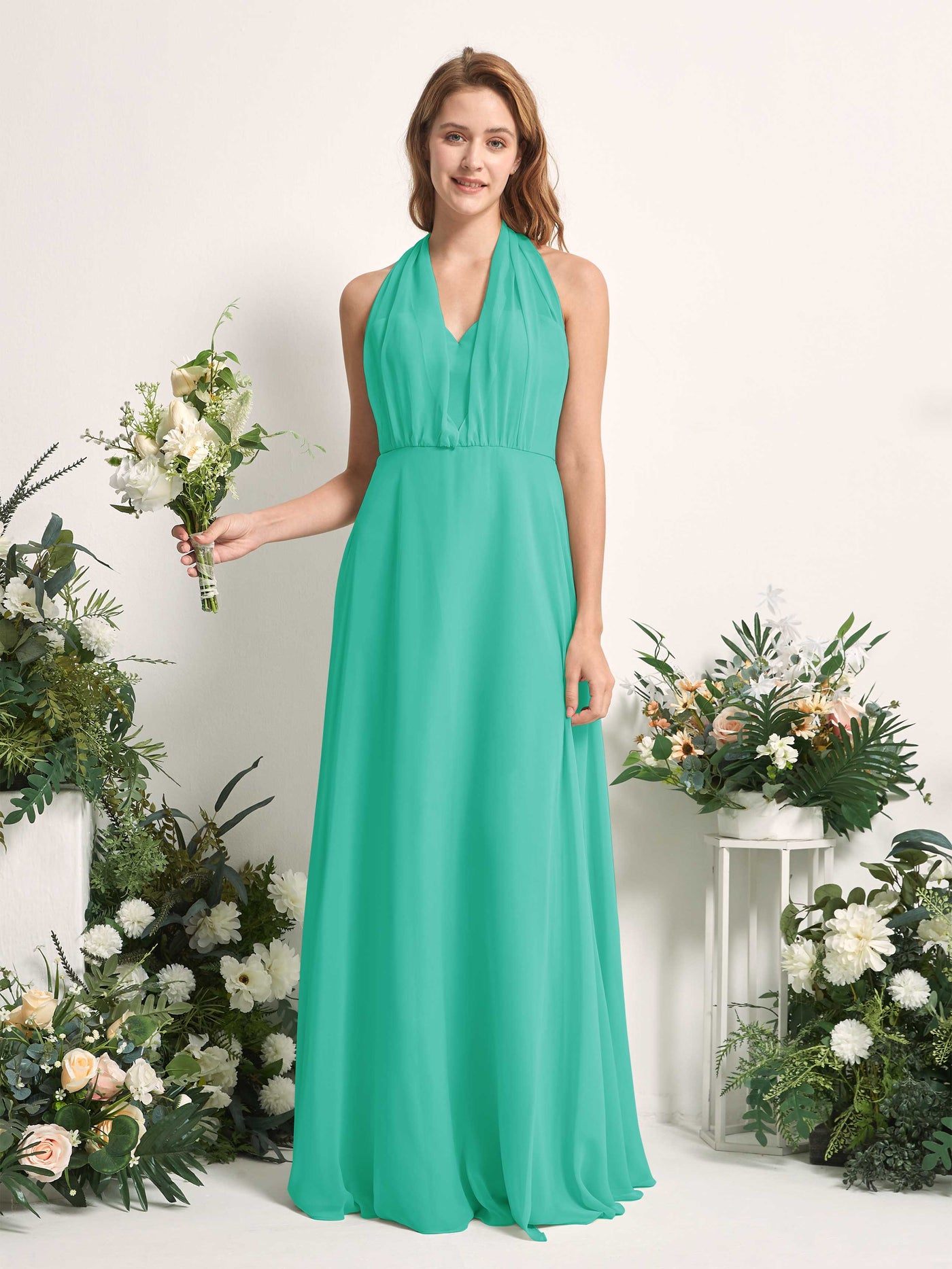 Tiffany Bridesmaid Dresses Bridesmaid Dress A-line Chiffon Halter Full Length Short Sleeves Wedding Party Dress (81226332)#color_tiffany