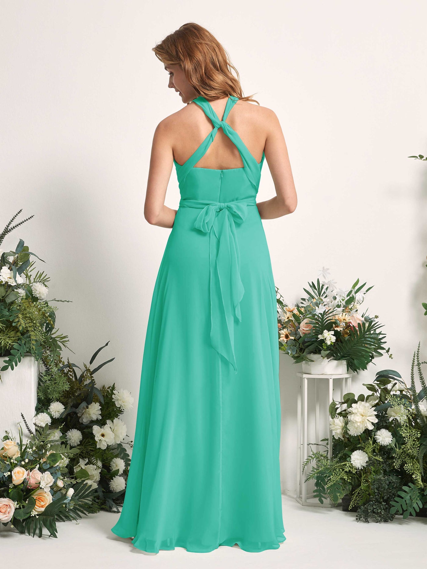 Tiffany Bridesmaid Dresses Bridesmaid Dress A-line Chiffon Halter Full Length Short Sleeves Wedding Party Dress (81226332)#color_tiffany