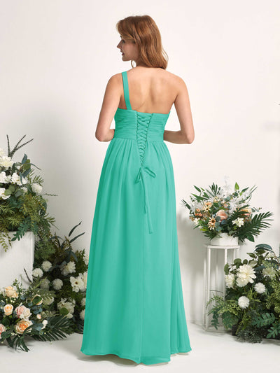 Carlyna Pandora A-Line Tiffany Bridesmaid Dress Maxi Sleeveless One Shoulder Dress Back View #color_tiffany