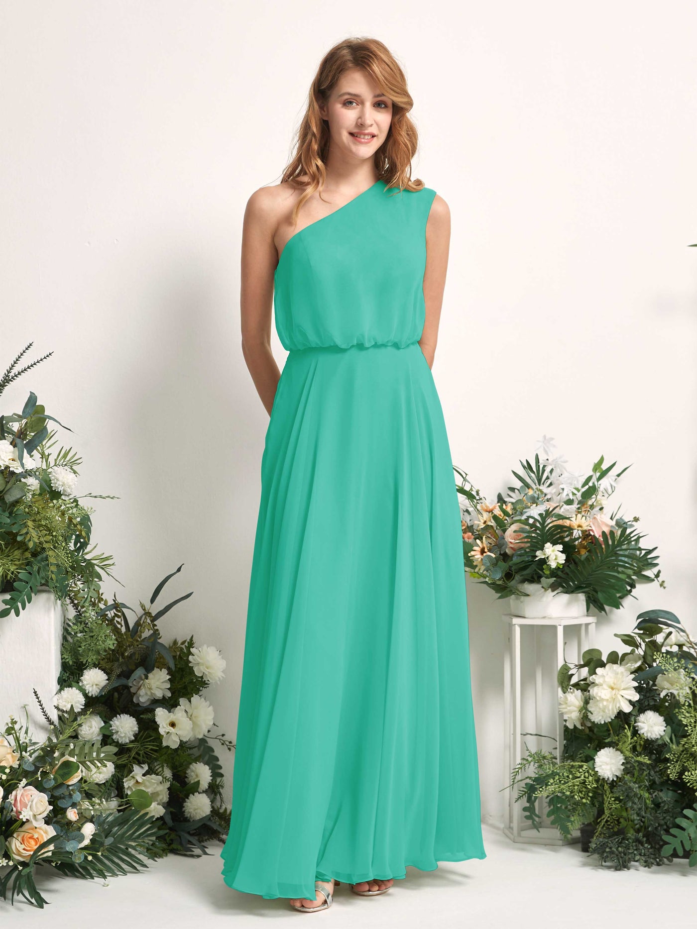 Bridesmaid Dress A-line Chiffon One Shoulder Full Length Sleeveless Wedding Party Dress - Tiffany (81226832)#color_tiffany