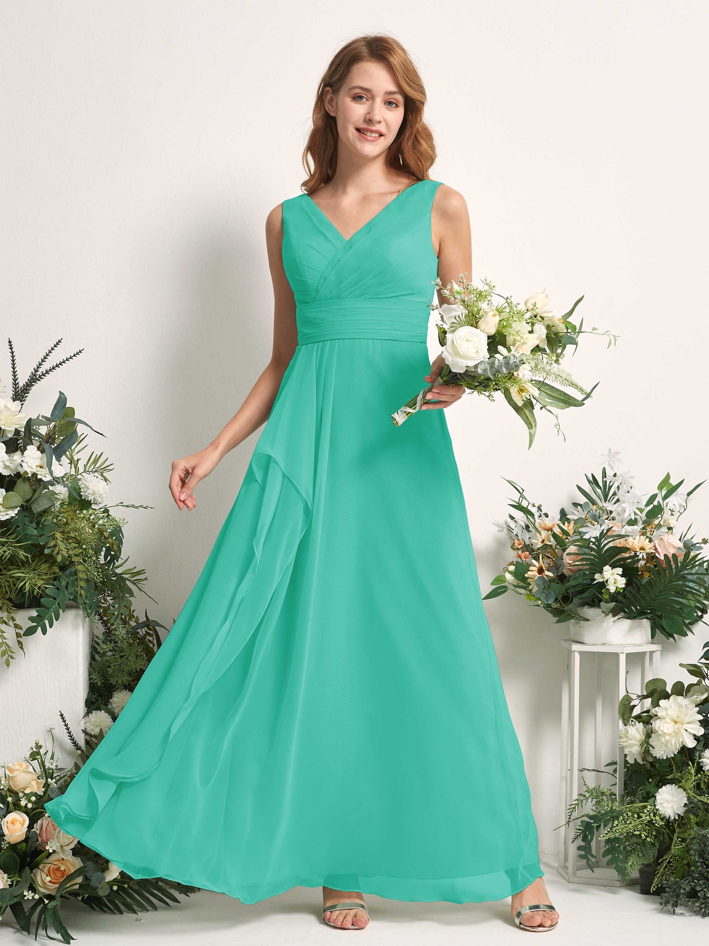 Bridesmaid Dress A-line Chiffon V-neck Full Length Sleeveless Wedding Party Dress - Tiffany (81227132)#color_tiffany