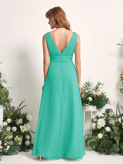 Carlyna Mollie A-Line Tiffany Bridesmaid Dress Maxi Sleeveless V-Neck Dress Back View #color_tiffany