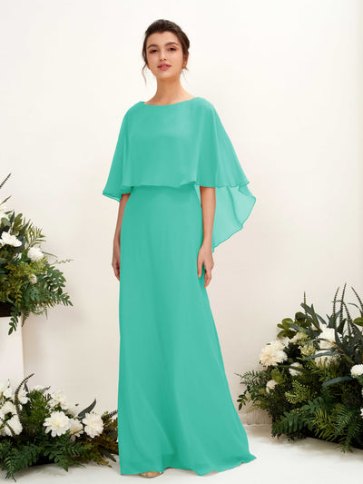Carlyna Savin Sheath Tiffany Bridesmaid Dress Maxi Cap Sleeve Boat Neck Dress Front View #color_tiffany