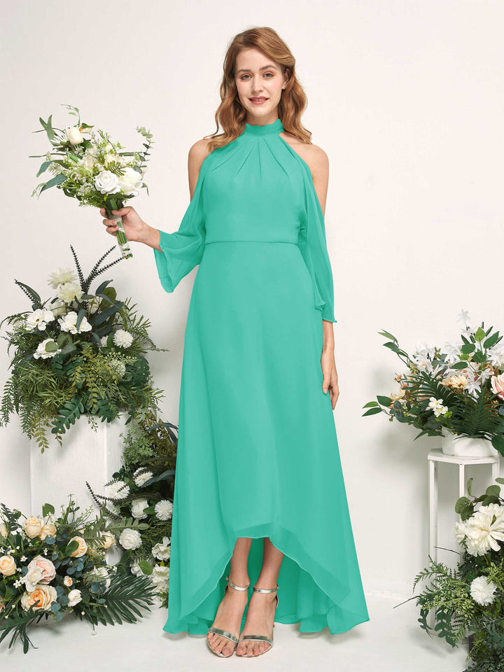 Bridesmaid Dress A-line Chiffon Halter High Low 3/4 Sleeves Wedding Party Dress - Tiffany (81227632)