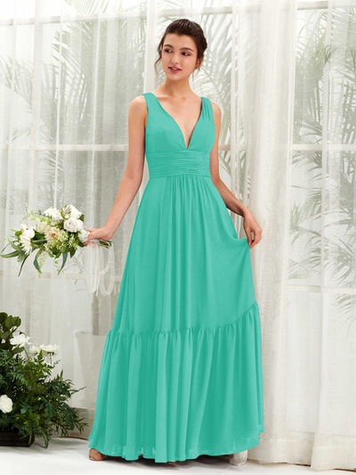 Carlyna Alissa A-Line Tiffany Bridesmaid Dress Maxi Sleeveless V-Neck Dress Front View #color_tiffany