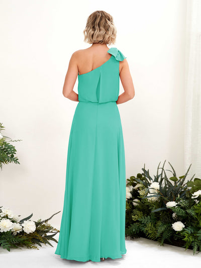 Carlyna Laurel A-Line Tiffany Bridesmaid Dress Maxi Sleeveless One Shoulder Dress Back View #color_tiffany