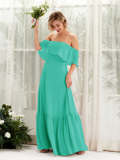 Carlyna Joie A-Line Tiffany Bridesmaid Dress Maxi Sleeveless Off the Shoulder Dress Front View #color_tiffany