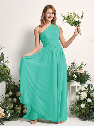 Carlyna Evelyn A-Line Tiffany Bridesmaid Dress Maxi Sleeveless One Shoulder Dress Front View #color_tiffany