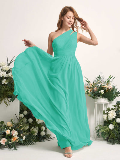 Carlyna Evelyn A-Line Tiffany Bridesmaid Dress Maxi Sleeveless One Shoulder Dress Side View 2 #color_tiffany