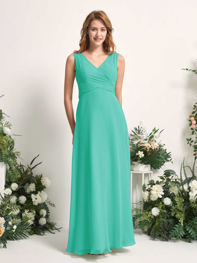 Carlyna June A-Line Tiffany Bridesmaid Dress Maxi Sleeveless V-Neck Dress Front View #color_tiffany