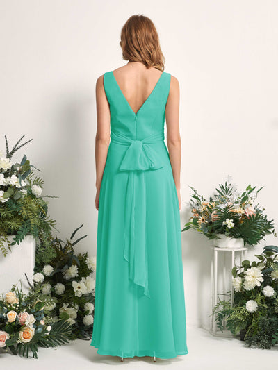 Carlyna June A-Line Tiffany Bridesmaid Dress Maxi Sleeveless V-Neck Dress Back View #color_tiffany
